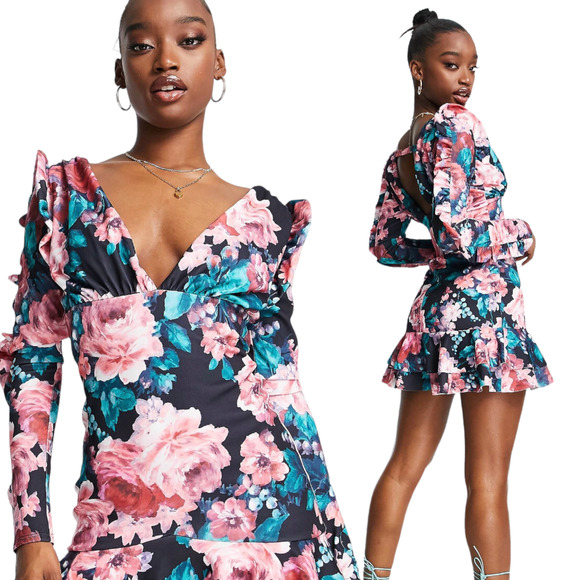 ASOS DESIGN NEW Womens Size 12 Ruffled Long Sleeve Floral Print Mini Dress - Picture 1 of 12